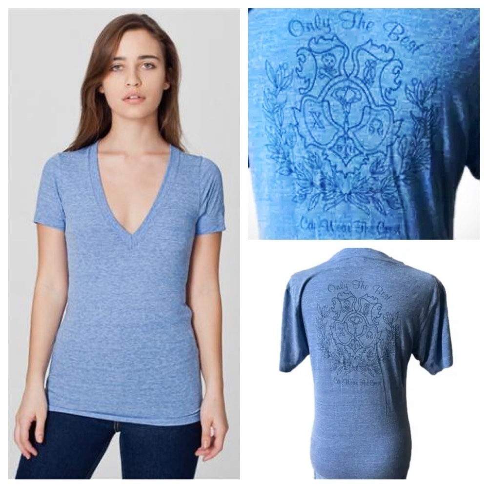 Women’s Chi Omega XO Sorority American Apparel Light Blue T-Shirt Size Small